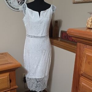 White Lace Midi Dress with Crochet Waist Detail